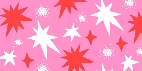 Fototapeta premium Modern bright Christmas design with hand drawn doodle stars and lights pattern for seasonal greetings, packaging, sales, print and ads. Holiday Christmas background, banner, card, poster, cover