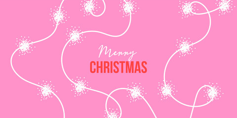 Fototapeta premium Holiday Christmas banner, card, poster, cover, background. Modern bright Christmas design with hand drawn doodle sparkling lights for seasonal greetings, sales, printing and advertising.