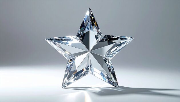 Faceted crystal star sparkling under soft studio lighting, clean light gray background, elegant decorative object photography