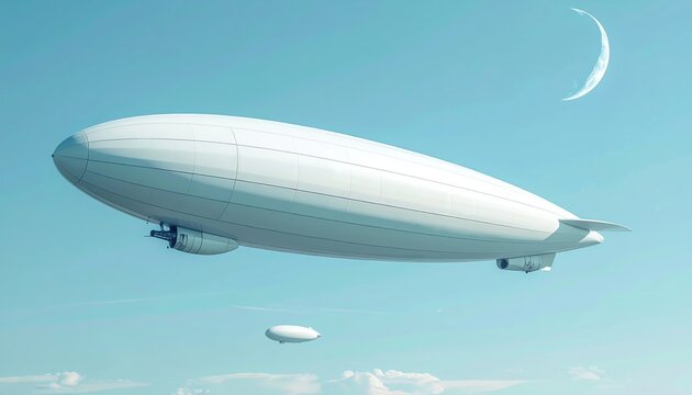 White blimp airship with smooth aerodynamic body, clean pale blue background, aviation and futuristic transportation concept