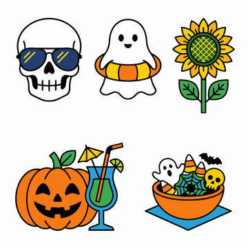 Halloween Summer Vacation Vector Icons with Skull, Ghost, and Pumpkin, Seasonal Design