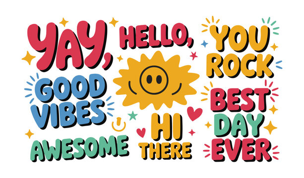 Colorful stickers set with retro style positive phrases like yay good vibes and you rock for fun planner art.