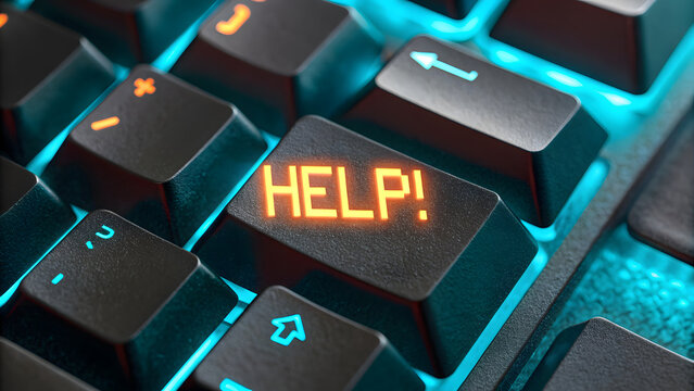 Help key on a modern computer keyboard with glowing blue backlight and orange text