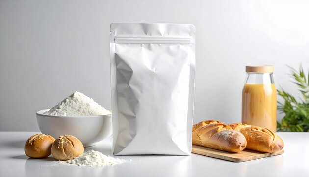 White paper flour bag with simple blank packaging, clean white studio background, bakery packaging mockup