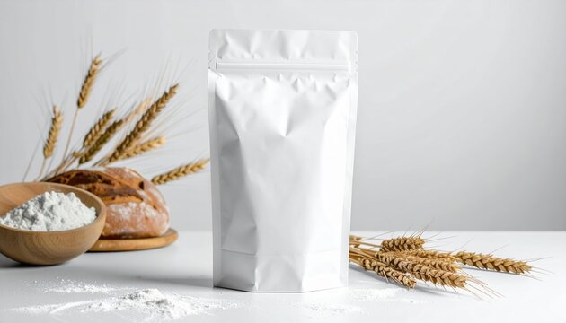 White paper flour bag with simple blank packaging, clean white studio background, bakery packaging mockup