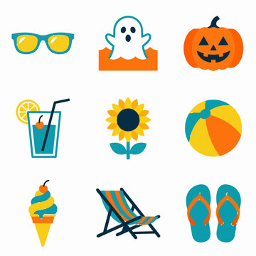 Halloween and Summer Seasonal Icon Set with Flat Vector Illustrations for Holiday Design