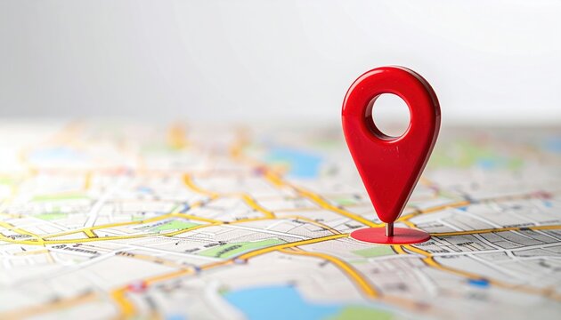 Red map push pin placed on a paper street map, clean white studio background, navigation and location concept