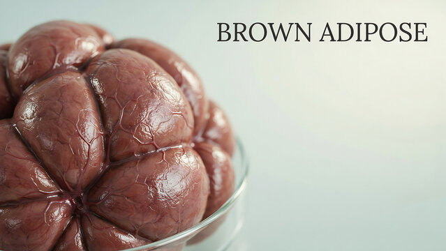 Close up view of brown adipose tissue sample in a clear glass container for medical study