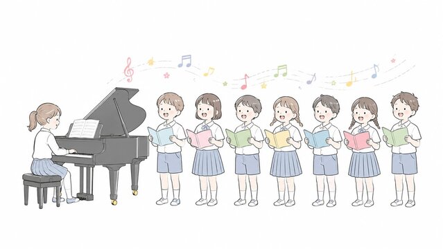 笑顔の子供たちがピアノに合わせて合唱する音楽発表会のイラスト