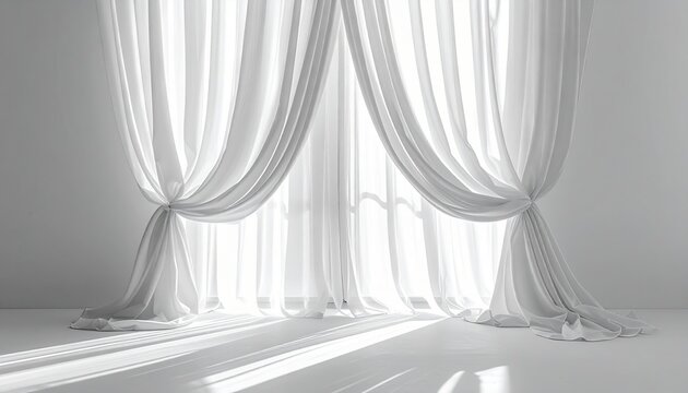 White sheer curtains tied elegantly in the middle, clean bright interior background, minimalist home decor photography
