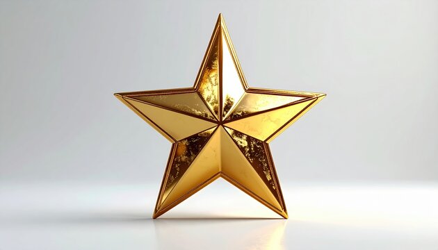 Shiny metallic gold star ornament with realistic reflections, clean white studio background, celebration and luxury design element