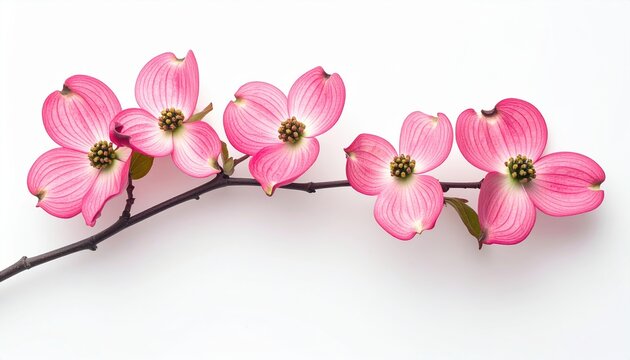 Pink dogwood flower branch blooming in spring, clean white studio background, seasonal botanical design