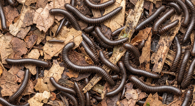 Brown millipedes crawling over dry leaf litter and woodland debris