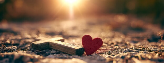 Fototapeta premium Wooden cross and red heart on gravel at sunset 
