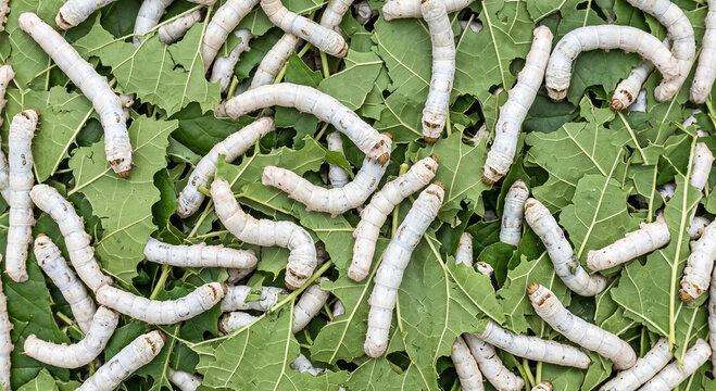 White silkworms actively crawling and feeding on shredded green mulberry leaves
