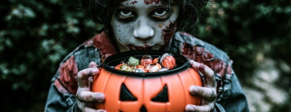 Child dressed as zombie holding Halloween candy bucket in a park  