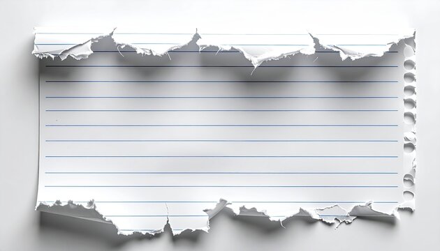 Torn white lined notebook paper sheet with blue lines and binder holes, clean white background, realistic stationery photography, minimal composition, soft shadow