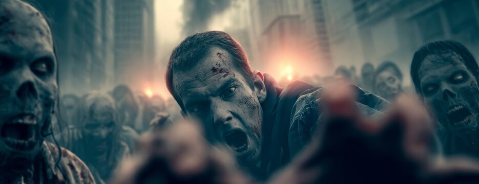 A horde of zombies is heading into the city, terrified survivors reaching out  