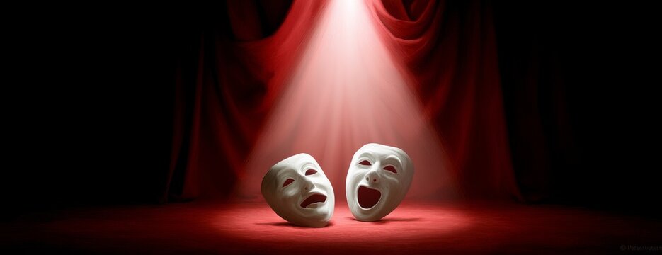 Theatre masks under spotlight with red curtains in dramatic setting  