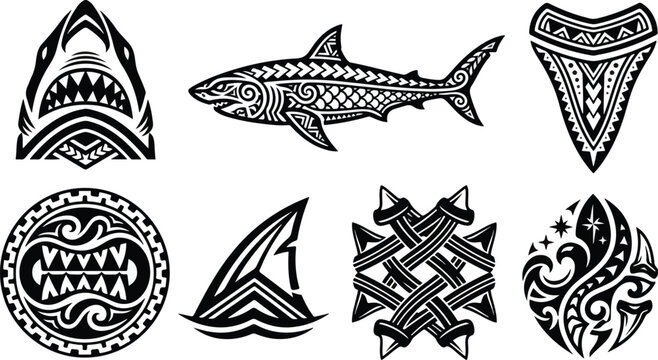Polynesian tribal shark tattoo vector set featuring traditional oceanic symbols and marine art