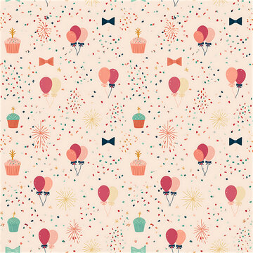 Colorful celebration seamless pattern with balloons and cupcakes