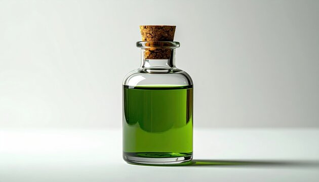 Glass bottle filled with green liquid and cork stopper, clean white studio background, elegant product photography