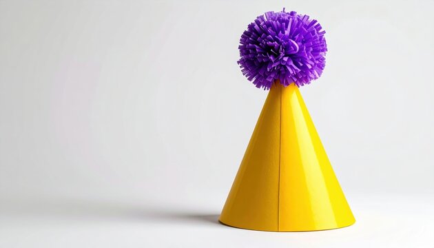 Yellow party hat with purple pom pom, clean white studio background, birthday celebration and festive decoration