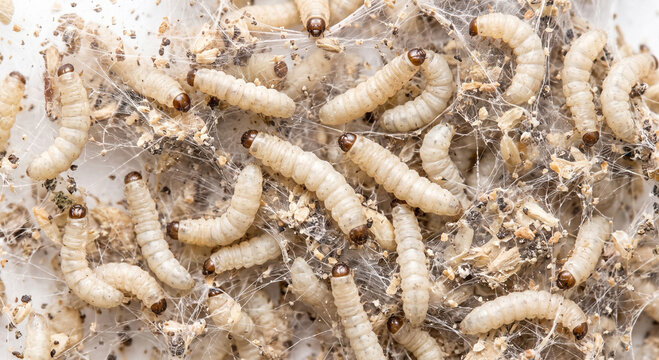 Clustered Indianmeal moth larvae tangled in dense silk webbing and food particles