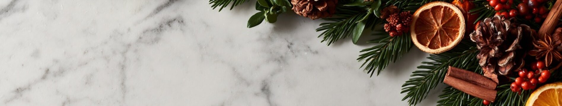 Holiday evergreen and dried citrus arrangement on white marble background with ample copy space