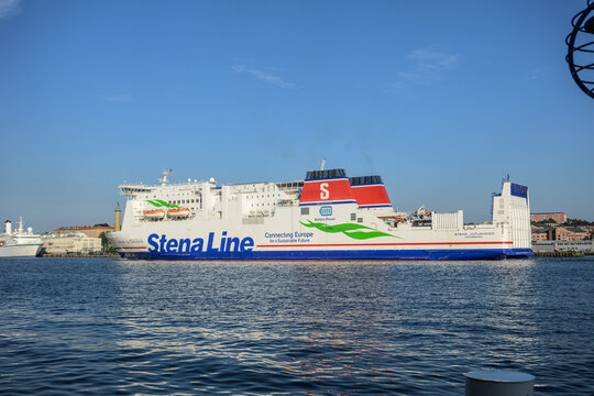 Gothenburg, Sweden - June 24 2026: Stena Line ferry sailing across sunny city harbor.