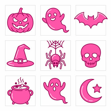 Halloween Icon Set with Pink Festive Symbols, Flat Vector Illustration for Seasonal Party Design