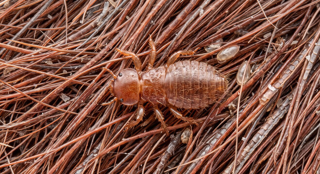 Single cattle chewing louse moving among sparse reddish brown hair fibers