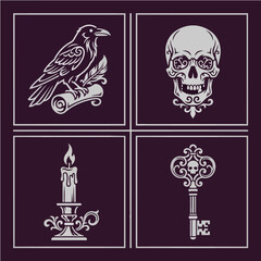 Naklejka premium Halloween Gothic Icon Set with Raven, Skull, Candle, and Key Symbolizing Mystery, Dark Fantasy and Occult Design Elements