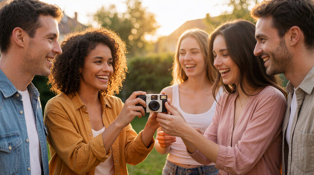 Disposable camera, group of diverse young friends sharing a vintage camera during a sunlit backyard gathering