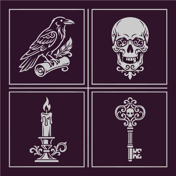 Halloween Gothic Icon Set with Raven, Skull, Candle, and Key Symbolizing Mystery, Dark Fantasy and Occult Design Elements