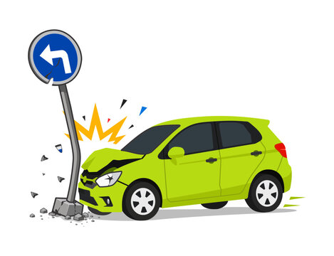 Road Accident Crash with Car and Traffic Sign Illustration