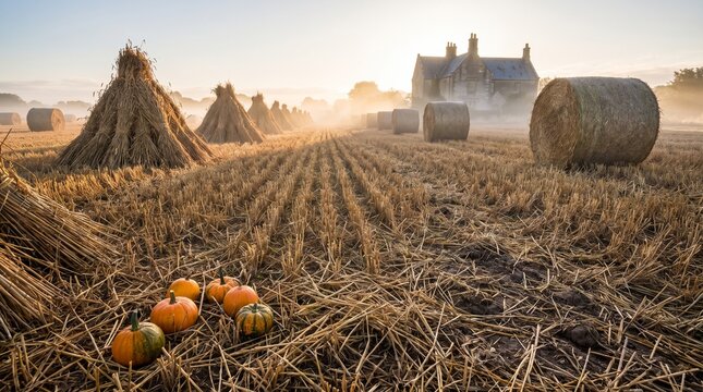 Harvest scenery with golden hay bales, traditional stooks, and small pumpkins on a misty morning