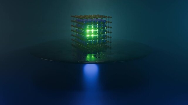 Futuristic rotating cube grid with glowing green core, seamless 3D loop animation