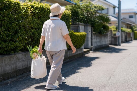 買い物帰りにネッククーラーを着けて歩く高齢者