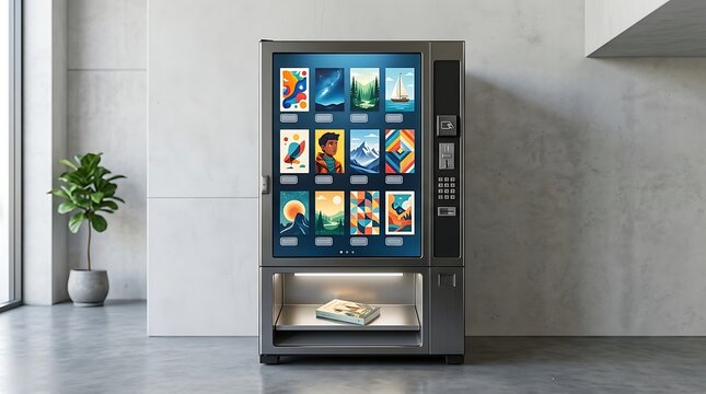 Modern art vending machine stands in a minimalist room
