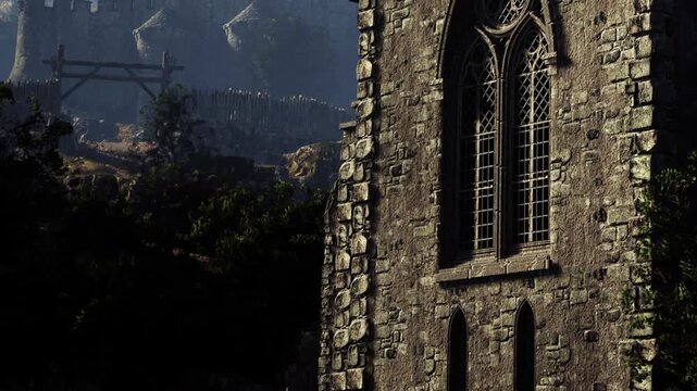 The scene shows an old stone church with stained glass windows located near castle ruins. Green trees surround the church under bright sunlight in a mountainous area.