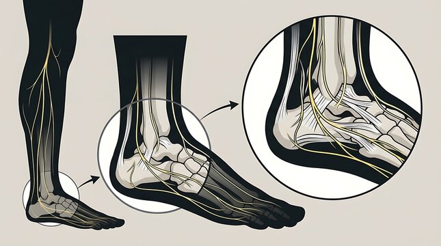 Medical illustration of human foot nerves and bone structure