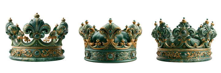 Fototapeta premium Set of Ornate Green and Gold Royal Crown with Emerald Gemstones transparent PNG background. Ai generated