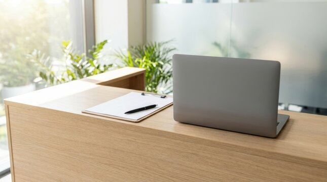 Minimalist reception desk with laptop and clipboard in bright modern office environment