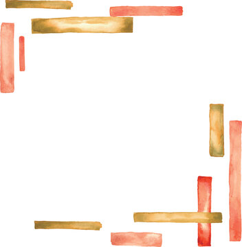 水彩風の和モダンな幾何学フレームと背景の素材セット（赤・金・オレンジ）Watercolor Japanese modern geometric frame and background set (Red and Gold)