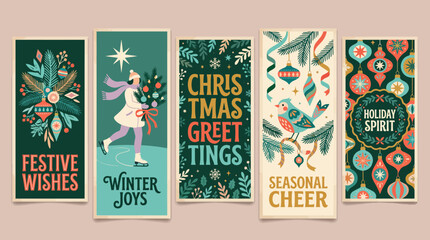 Fototapeta premium Vintage Christmas greeting card vertical banner template set with ice skater and bird.