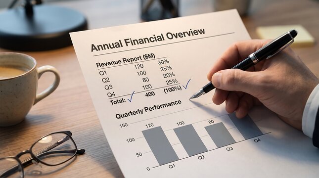 Professional hand writing on annual financial overview report with bar charts and data