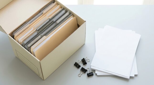 Open file box containing assorted hanging folders next to paper stack with metal clips on gray surface