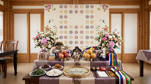 Traditional Korean first birthday table setup inside authentic Hanok house for Doljanchi ceremony
