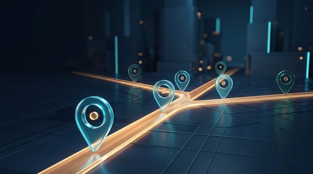Glowing GPS Navigation Pins On Intersecting Futuristic City Map Routes